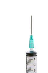 Close-up of medical syringe isolated on white background.