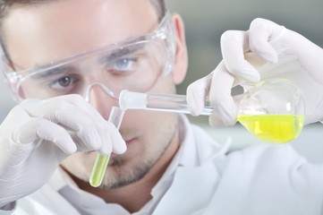 Attractive young PhD student scientist observing the yellow indi