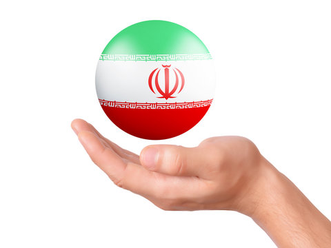hand hold Iran flag icon on white bakground