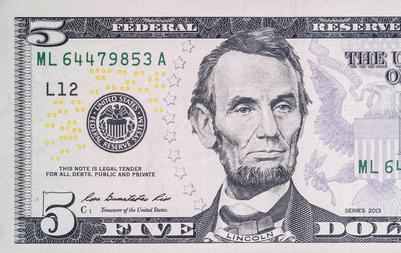 Macro shot of 5 dollar bill