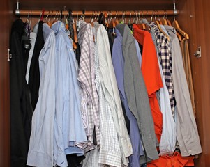 Cabinet with dresses and shirts hanging from the coat rack