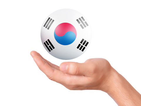 hand hold South Korea flag icon on white bakground