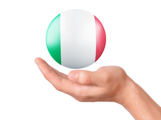 hand hold Italy flag icon on white bakground