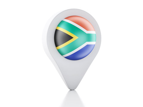 3d Map pointer South Africa flag icon on white background