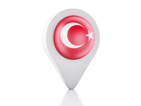 3d Map pointer Turkey flag icon on white background