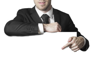 businessman pointing on white empty sign