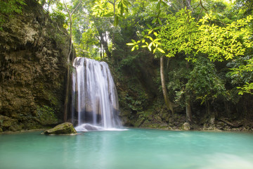 Fototapeta na wymiar Waterfall beautiful (erawan waterfall) in kanchanaburi province