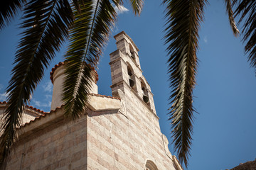 view on orthodox church through palm tree leaves