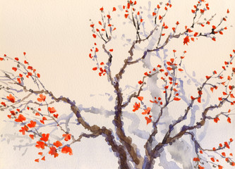 Naklejka premium Watercolor spring background. Red flowers and buds on the tree