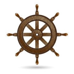 Wooden steering wheel of the ship.