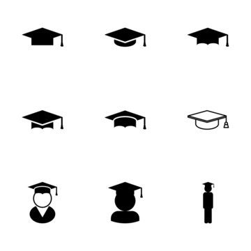 Vector black academic cap icon set