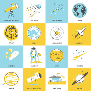 Flat line icons of astronomy. Modern vector set.