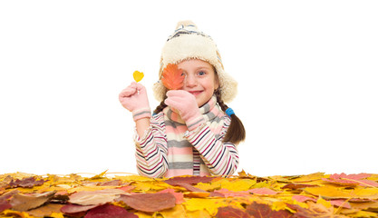 girl with autumn leaves on white