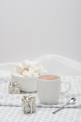Obraz na płótnie Canvas Mug Of Hot Chocolate. Marshmallows And Sweets. Christmas Decorat