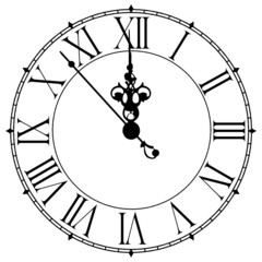 Image of an old antique wall clock 7 seconds to midnight or noon