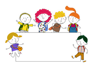 Naklejka premium Cute cartoon kids playing and frame