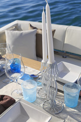 lunch on motor yacht, Table setting at a luxury yacht.