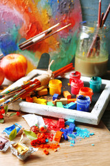 Beautiful still life with professional art materials, close up