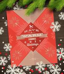 Christmas greeting card, paper snowflakes and fir tree branches