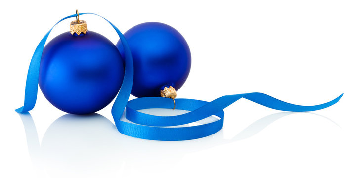 Two Blue Christmas Balls And Ribbon Isolated On White Background