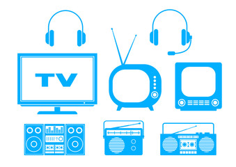 Blue audio and TV icons on white background