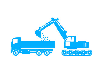 Blue truck and excavator on white background