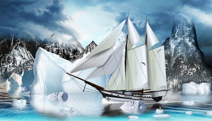 Zweimaster im Eismeer mit Eisberge und Felsen
