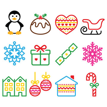 Christmas, winter icons with stroke - penguin, Christmas pudding