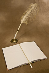 Feathered Pen Lying On Blank Open Journal