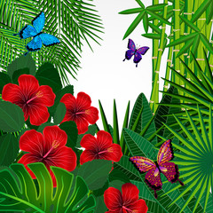 Tropical floral design background with butterflies.