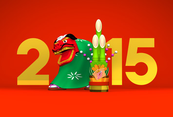 Naklejka premium Lion Dance, Kadomatsu, 2015 On Red
