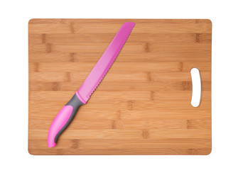 Kitchen wooden board and knife. For cutting food.