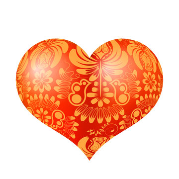 Red three-dimensional heart with floral gold ornament. Vector il
