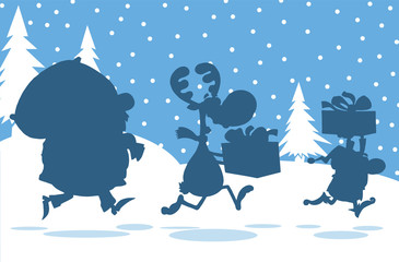 Santa Claus,Reindeer And Elf Running