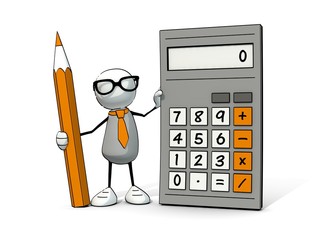 little sketchy man with glasses with calculator and pencil