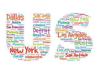 Fototapeta premium US Hand drawn letters with cities names words cloud, vector
