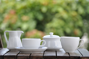 Coffee cup set with beautiful bokeh background.