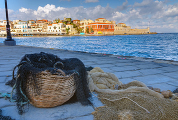 Fishing net in the port of Chania, Greece