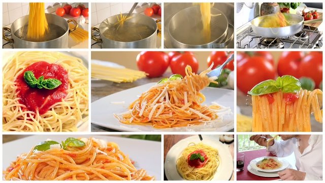 cooking and eating italian spaghetti montage
