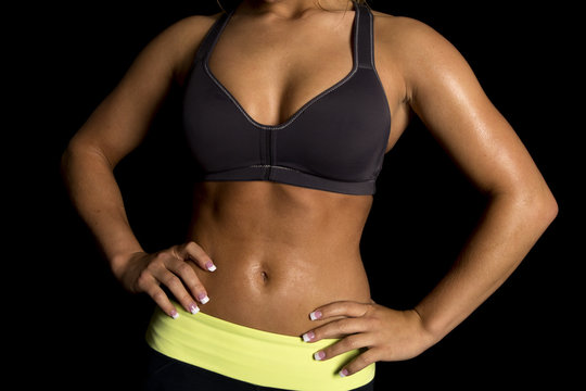 woman black bra body hands on hips
