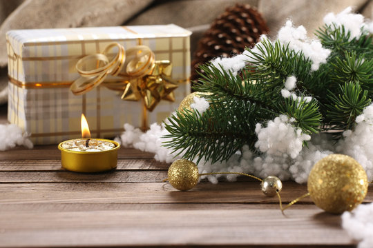 Gift, fir branch, candle, Christmas decorations