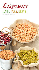 chick-pea, mung beans, kidney-beans in the sacks isolated on whi