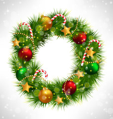 Fototapeta na wymiar Shiny Christmas wreath with pine branches, candy canes, chains,