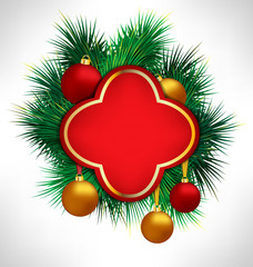 Red Frame on pine branches with five multicolored Christmas ball