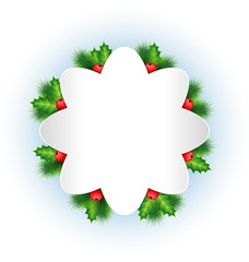 Grayscale frame with holly sprigs and pine branches on light blu