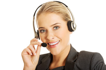 Call center woman talking to customer