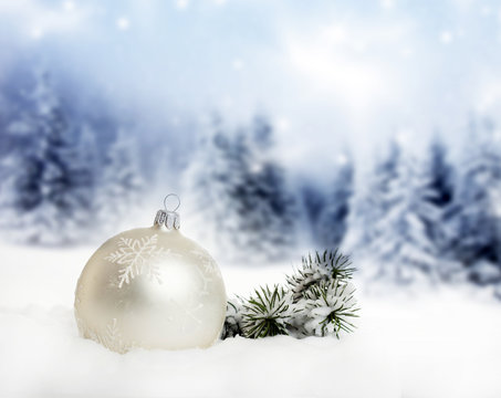 Christmas decorations and snowy winter landscape
