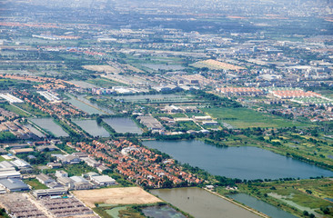 Bird's-eye view on  rice fields Bangkok vicinity