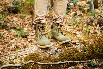 Hiker standing on fallen tree trunk