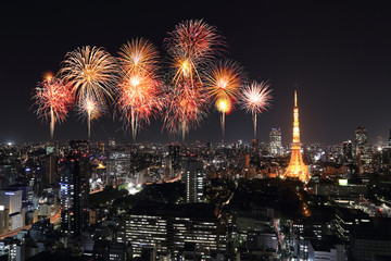 Fireworks celebrating over Tokyo cityscape at night © geargodz